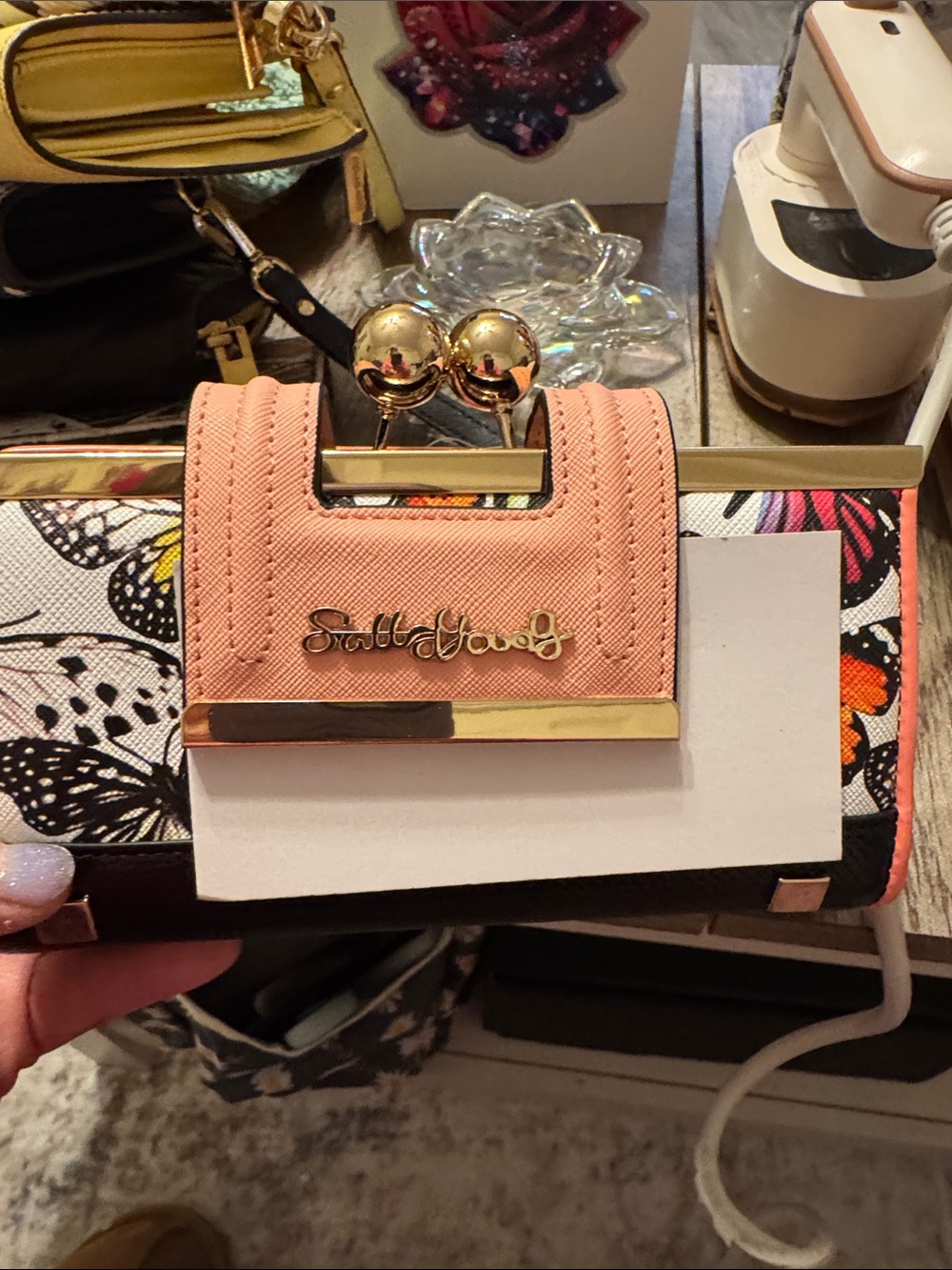 Sally Young Saddle Stitched Floral Wallet with Pink Accent & Gold Hardware